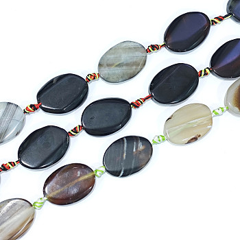 Natural Banded Agate/Striped Agate Beads Strands, Dyed & Heated, Oval, Black, 28~31x20~21x5~6mm, Hole: 2~2.5mm, about 11pcs/strand, 16.1 inch~16.3 inch(41~41.5cm)