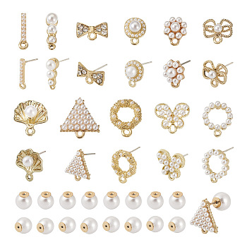 22Pcs 11 Style Alloy Stud Earrings, with Imitation Pearl Beaded & Horizontal Loops & 44Pcs Resin Imitation Pearl Earring Nuts, Triangle & Flower & Shell & Gourd & Butterfly & Bowknot, Golden, 8~16x3.5~14mm, Hole: 0.8~2mm, Pin: 0.7~0.8mm, 2Pcs/style