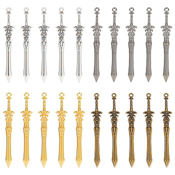 40Pcs 4 Colors Tibetan Style Alloy Big Pendants, Sword, Mixed Color, 70x11x3mm, Hole: 2mm, 10pcs/color