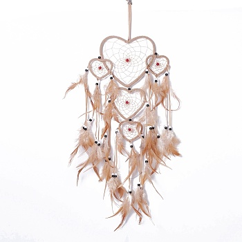 Handmade Heart Woven Net/Web with Feather Wall Hanging Decoration, with Flocking Cloth & ABS/Wooden Beads, for Home Offices Amulet Ornament, Beige, 720x230mm, Pendant: 570mm long