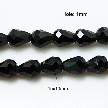 Crystal Glass Beads Strands, Faceted, teardrop, Black, 15x10mm, about 50pcs/strand, 27.1 inch