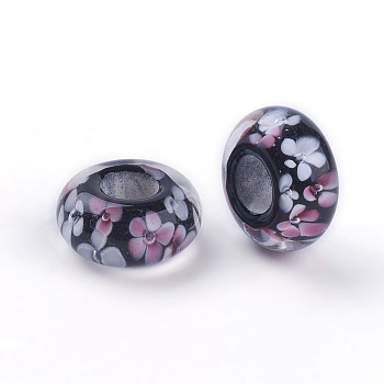 Handmade Lampwork Beads, Large Hole Beads, Rondelle with Flower, Black, 14x6.5mm, Hole: 6mm