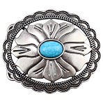 1Pc Oval with Flower Pattern Alloy Buckles, Belt Fastener, with Synthetic Turquoise, Antique Silver, 80x67x13mm, Hole: 42x16mm(FIND-CL0002-52A)