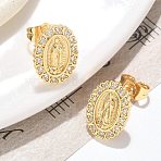 Oval with Virgin Mary Brass Micro Pave Clear Cubic Zirconia Stud Earrings, Long-Lasting Plated, Golden, 14.5x10.5mm(EJEW-D305-10G)