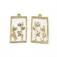 Brass Peg Bails Pendants, For Half Drilled Beads, Rectangle with Branches, Real 18K Gold Plated, 28x15x2mm, Hole: 1mm, Pin: 0.8mm(KK-T032-178G)