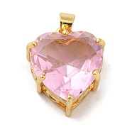 Golden Brass Micro Pave Cubic Zirconia Pendants, Long-Lasting Plated, Cadmium Free & Lead Free, Heart, Pink, 17.5x15.5x9.5mm, Hole: 3.4mm(KK-C072-37G-03)