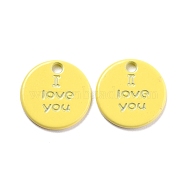 Alloy Spray Painted Charms, Flat Round with Word I love you, Yellow, 13x1.5mm, Hole: 1.6mm(PALLOY-B005-02H)