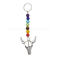 Tibetan Style Alloy Bull Head Kcychain, with Chakra Gemstone Bead and Stainless Steel Findings, 12.2cm(HJEW-JM01311-04)