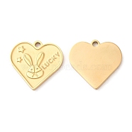Ion Plating(IP) 316L Surgical Stainless Steel Pendants, Textured, Heart with Rabbit & Word Lucky Charms, Real 18K Gold Plated, 14x15x1mm, Hole: 1.4mm(STAS-F297-26G)