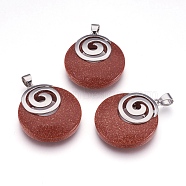 Synthetic Goldstone Pendants, with Platinum Tone Brass Findings, Flat Round, 32x28x6mm, Hole: 4x5mm(KK-F751-D18)