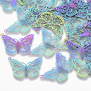 Ion Plating(IP) 304 Stainless Steel Filigree Pendants, Etched Metal Embellishments, Butterfly, Rainbow Color, 18x26x0.3mm, Hole: 1.2mm(STAS-YW0002-39)