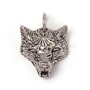 304 Stainless Steel Pendants, with Jump Rings, Wolf Head, Antique Silver, 33x30x15mm, Jump Ring: 13x2mm, Inner Diameter: 9mm(STAS-I132-04AS)