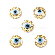 Handmade Lampwork Evil Eye Pendants, with Real 18K Gold Plated Brass Findings, Lead Free & Cadmium free, Flat Round Charm, White, 14.5x4mm, Hole: 1mm(ZIRC-L102-15G-03)