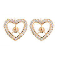 Brass Micro Pave Clear Cubic Zirconia Stud Earring Findings, for Half Drilled Beads, Nickel Free, Heart, Real 18K Gold Plated, 12.5x13mm, Pin: 0.8mm, pin: 1mm(for Half Drilled Beads)(KK-S364-282)