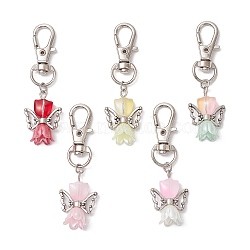 5Pcs 5 Colors Flower Angel Glass Pendant Decorations, Alloy Swivel Clasps Charms for Bag Ornaments, Mixed Color, 58x18x11mm, 1pc/color(HJEW-JM02576)