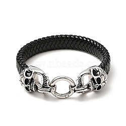 PU Imitation Leather Braided Cord Bracelet, 304 Stainless Steel Skull Clasp Gothic Bracelet for Men Women, Antique Silver, 8-3/4 inch(22.2cm)(BJEW-E009-10AS)