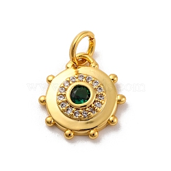 Brass Micro Pave Cubic Zirconia Charms, Long-Lasting Plated, Lead Free & Cadmium Free, Gold, Round, Dark Green, 13x12x3mm, Hole: 3mm(KK-U033-22G-03)