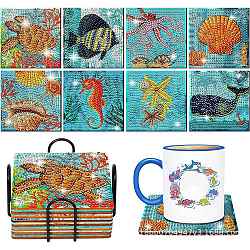 DIY Marine Animal Theme Diamond Painting Square Wood Cup Mat Kits, Including Coster Holder, Resin Rhinestones, Diamond Sticky Pen, Tray Plate and Glue Clay, Mixed Color, Packaging: 130x126x80mm(DIY-H163-05)