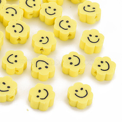 Handmade Polymer Clay Beads, Flower with Smiling Face, Yellow, 9~10x8~9x4~5mm, Hole: 1.4~1.6mm(CLAY-N011-011F)