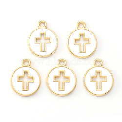Light Gold Plated Alloy Enamel Pendants, Flated Round with Cross, White, 15x12x1.5mm, Hole: 1.6mm(X-ENAM-R136-18A)