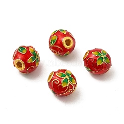 Alloy Beads, with Enamel, Golden, Round with Flower, Red, 9mm, Hole: 1.8mm(ENAM-L038-C02)