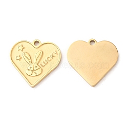 Ion Plating(IP) 316L Surgical Stainless Steel Pendants, Nickel Free, Textured, Heart with Rabbit & Word Lucky Charms, Real 18K Gold Plated, 14x15x1mm, Hole: 1.4mm(STAS-F297-26G)