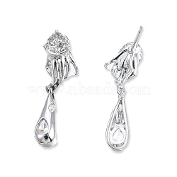 Brass Pave Clear Cubic Zirconia Hand with Teardrop Dangle Stud Earring Findings, for Half Drilled Beads, Cadmium Free & Nickel Free & Lead Free, Real Platinum Plated, 27.5mm, Pin: 0.8mm(KK-N232-477P-A)
