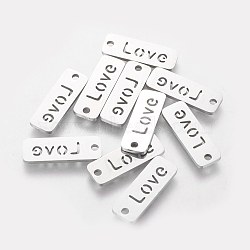 Non-Tarnish 304 Stainless Steel Pendants, Rectangle with Word Love, Stainless Steel Color, 17x6x1mm, Hole: 1.5mm(STAS-Q201-T074)