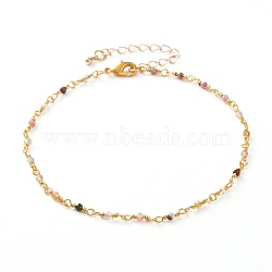 Faceted Round Natural Tourmaline Beaded Anklets, with Brass Lobster Claw Clasps, Golden, 9-7/8 inch(25cm)(AJEW-AN00360-02)