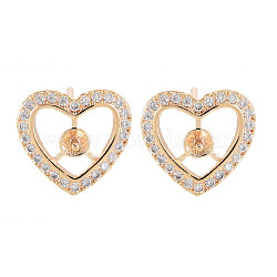 Brass Micro Pave Clear Cubic Zirconia Stud Earring Findings, for Half Drilled Beads, Nickel Free, Heart, Real 18K Gold Plated, 12.5x13mm, Pin: 0.8mm, pin: 1mm(for Half Drilled Beads)(KK-S364-282)