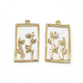 Brass Peg Bails Pendants, For Half Drilled Beads, Rectangle with Branches, Real 18K Gold Plated, 28x15x2mm, Hole: 1mm, Pin: 0.8mm
