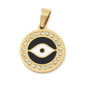 Ion Plating(IP) 304 Stainless Steel Enamel Rhinestone Pendants, Eye Charms, Real 18K Gold Plated, 21.5x18x2.5mm, Hole: 6.5x4mm
