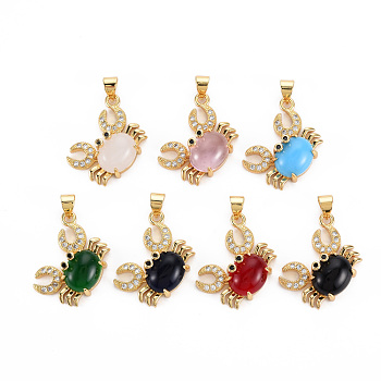 Brass Micro Pave Cubic Zirconia Pendants, with Glass, Cadmium Free & Nickel Free & Lead Free, Real 16K Gold Plated, Crab, Mixed Color, 17x22x7.5mm, Hole: 3x5mm