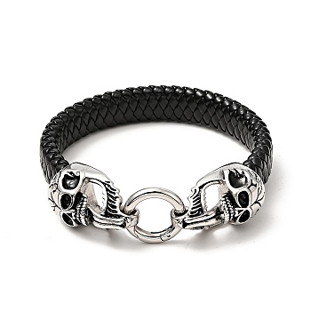 PU Imitation Leather Braided Cord Bracelet, 304 Stainless Steel Skull Clasp Gothic Bracelet for Men Women, Antique Silver, 8-3/4 inch(22.2cm)