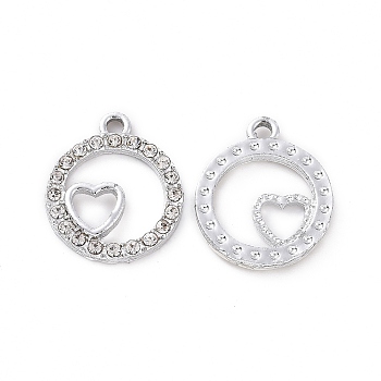 Alloy Crystal Rhinestone Pendants, Flat Round with Heart Charms, Platinum, 17.5x14.5x2mm, Hole: 1.5mm