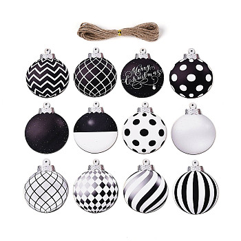 12Pcs UV Single Face Printed Wood Pendant Decorations, Flat Round, Jute Rope Hanging Decorations, Laser Cut Wood Shapes, Black, 79x64x2mm, Hole: 2.5mm