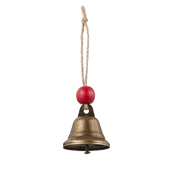 Iron Bell Pendant Decoration, Wood Beads and Jute Cord for Home Door Hanging Ornaments, Red, 120mm