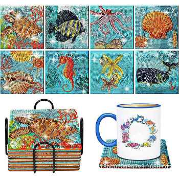 DIY Marine Animal Theme Diamond Painting Square Wood Cup Mat Kits, Including Coster Holder, Resin Rhinestones, Diamond Sticky Pen, Tray Plate and Glue Clay, Mixed Color, Packaging: 130x126x80mm