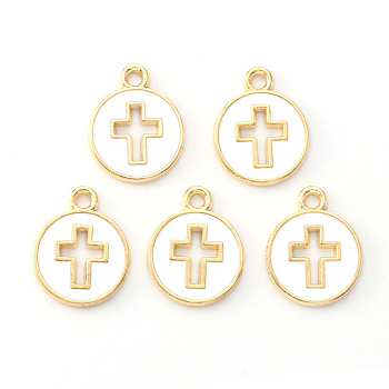 Light Gold Plated Alloy Enamel Pendants, Flated Round with Cross, White, 15x12x1.5mm, Hole: 1.6mm