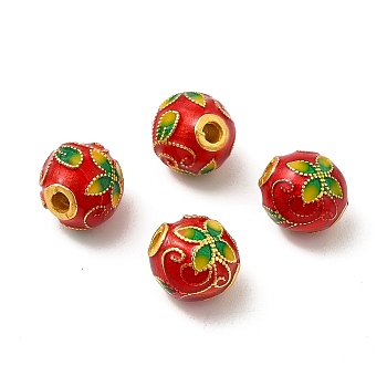 Alloy Beads, with Enamel, Golden, Round with Flower, Red, 9mm, Hole: 1.8mm