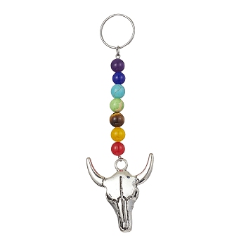 Tibetan Style Alloy Bull Head Kcychain, with Chakra Gemstone Bead and Stainless Steel Findings, 12.2cm