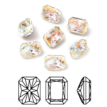 K9 Glass Rhinestone Cabochons, Pointed Back & Back Plated, Faceted, Rectangle, Light Crystal AB, 6x8x5mm