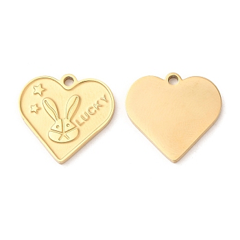 Ion Plating(IP) 316L Surgical Stainless Steel Pendants, Textured, Heart with Rabbit & Word Lucky Charms, Real 18K Gold Plated, 14x15x1mm, Hole: 1.4mm