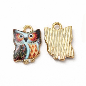 Printed Alloy Pendants, Lead Free & Cadmium Free & Nickel Free, Owl Charm, Golden, Colorful, 15x10.5x2mm, Hole: 1.8mm