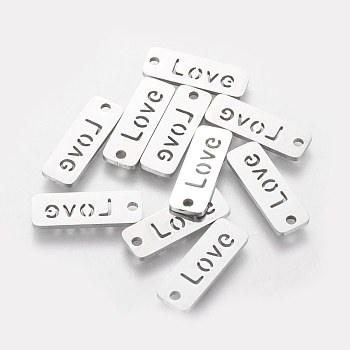 304 Stainless Steel Pendants, Rectangle with Word Love, Stainless Steel Color, 17x6x1mm, Hole: 1.5mm