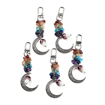 (Defective Closeout Sale:Accessories Yellowing) Hollow Moon Alloy Pendant Decoraiton, with Chakra Gemstone Chip and Mushroom Handmade Lampwork Beads, Alloy Swivel Clasps, Mixed Color, 100mm