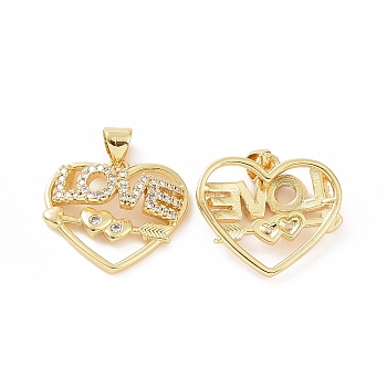 Brass Micro Pave Cubic Zirconia Pendants, Love Heart with Arrow Charm for Valentine's Day, Golden, 22x20x4.5mm, Hole: 5x3mm
