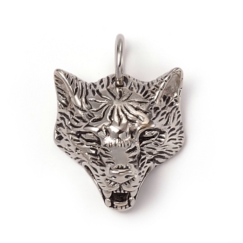 304 Stainless Steel Pendants, with Jump Rings, Wolf Head, Antique Silver, 33x30x15mm, Jump Ring: 13x2mm, Inner Diameter: 9mm