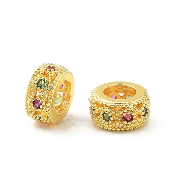Brass Micro Pave Cubic Zirconia European Beads, Flat Round, Large Hole Beads, Rack Plating, Cadmium Free & Lead Free, Long-Lasting Plated, Golden, 6x3mm, Hole: 3mm