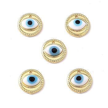 Handmade Lampwork Evil Eye Pendants, with Real 18K Gold Plated Brass Findings, Lead Free & Cadmium free, Flat Round Charm, White, 14.5x4mm, Hole: 1mm